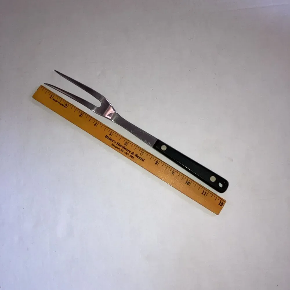 Vintage Flint Stainless Steel Carving Fork USA Black Handle Kitchen Utensil 11”